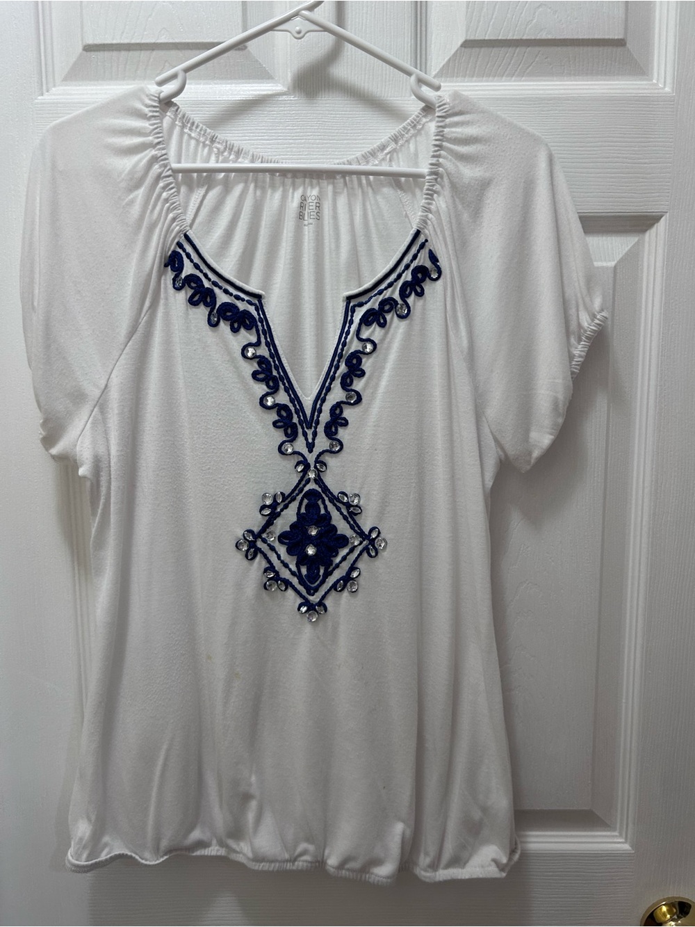 Canyon River Blues White Tunic with Navy Embroidery